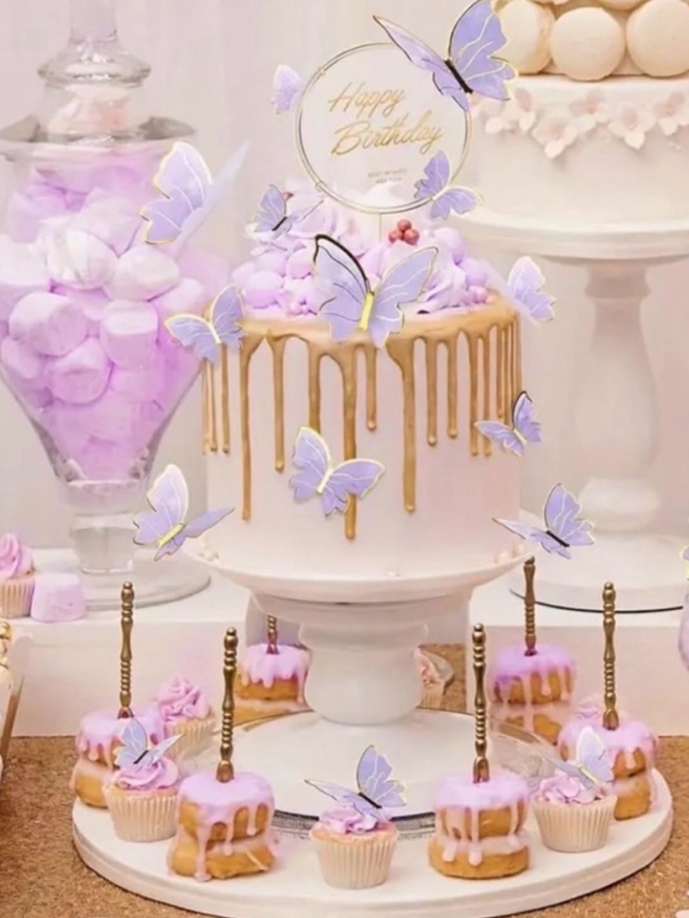 💞 New 22-Piece 3D Purple & Gold Butterfly Birthday Cake & Cupcake Decoration Set